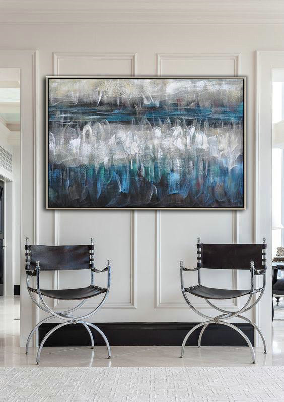 Large Abstract Painting On Canvas,Oversized Horizontal Contemporary Art,Abstract Painting Modern Art,Blue,Grey,Black,White.etc